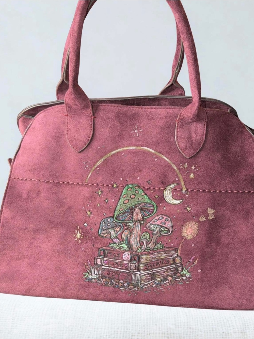 Vegan Suede Mushroom Tote Handburned and painted